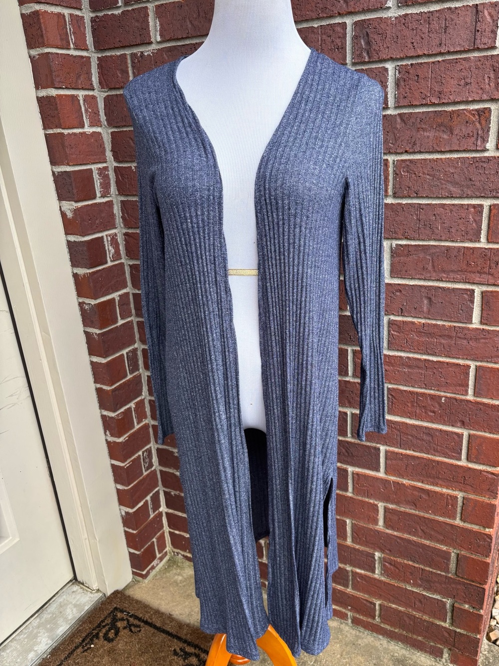 Ribbed Long Open-Front Cardigan in Heather Navy
